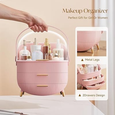 Famanu - Make-up organizer, huidverzorgingsorganizer voor ijdelheid, draagbare cosmetische vitrinekast, make-up caddy voor slaapzaal, badkamer, dressoir cosmetische opbergdoos (roze)