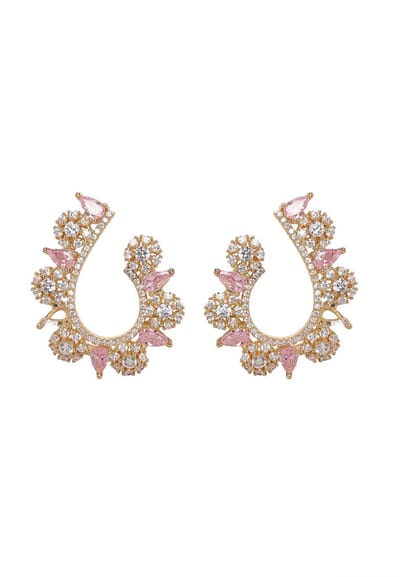 AVANT-GARDE PARIS Oorringen Twirling Petal - Goudkleurige Oorbellen - Roze Kristallen - Crescent Design - Met Steker En Poussette Sluiting