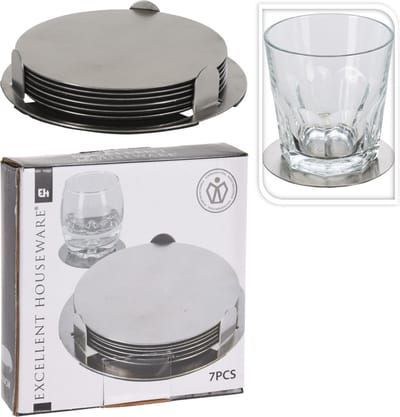 Onderzetters - 6x st - zilver - D8,5 cm - RVS - met houder - glazen/bekers/kopjes onderzetter