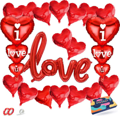 Fissaly 22 Stuks Liefde & Hartjes Decoratie Set met Helium Ballonnen en Lint – I Love you – voor Hem & Haar Valentijn Cadeautje - Rood