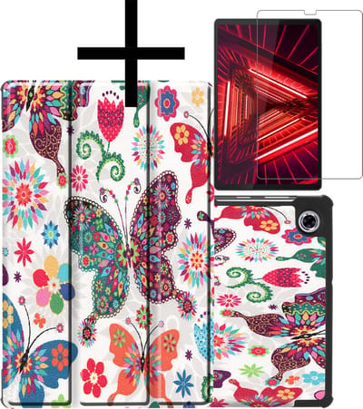 Hoes - Geschikt voor Lenovo Tab M10 FHD Plus (2e / 2nd Generatie) - Met Screenprotector - Trifold Bookcase - Hard Cover - Hardcover Book Case - Tablet Hoesje - Vlinders