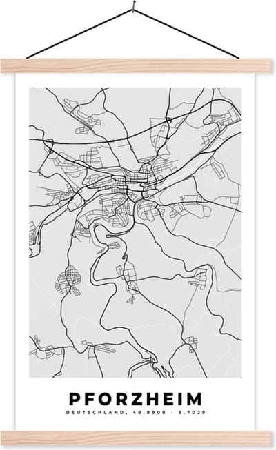 Posterhanger incl. Poster 40x60 cm - Schoolplaat - Duitsland - Kaart - Stadskaart - Plattegrond - Pforzheim - Textielposter - Blanke latten - Stadskaart