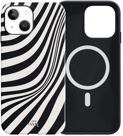 xoxo Wildhearts siliconen hoesje geschikt voor iPhone 13 MagSafe hoesje - Optical Illusion - Double Layer - Magnetisch telefoonhoesje - Magneet case - Backcover met dubbele bescherming - Golvenprint - Golvend patroon - golven - Zwart / Beige