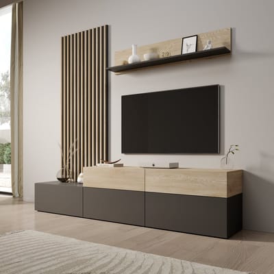 Meubella - Nobu - Wandmeubel - Grijs/Eikenpatroon - 225x40x209 cm