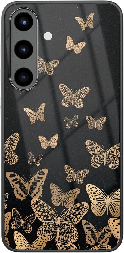 Hoesje geschikt voor Samsung Galaxy S25 - Vlinders - Luxe Glazen Hardcase - Print / Illustratie - Zwart, Goud