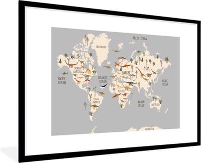 Fotolijst incl. Poster - Wereldkaart - Kinderkamer - Dinosauriërs - Jongens - Meisjes - Kinderen - 120x80 cm - Posterlijst