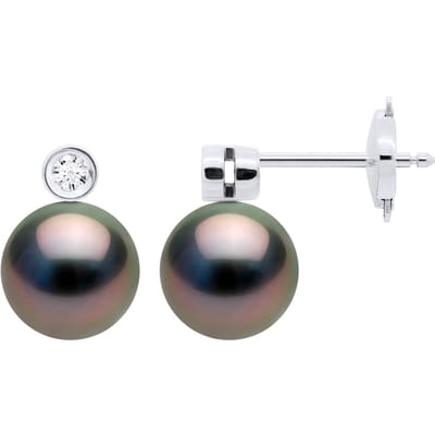 Oorbellen Sieraden Prestige Diamanten 0,06 Ct - GESLOTEN SET 2 x 0,03 Ct - met Echt Gecultiveerde Tahiti Parel Rond 8-9 mm