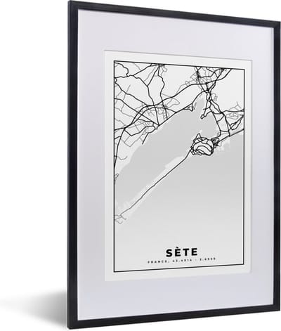 Fotolijst incl. Poster Zwart Wit- Kaart – Sète - Plattegrond – Frankrijk – Stadskaart - Zwart wit - 30x40 cm - Posterlijst