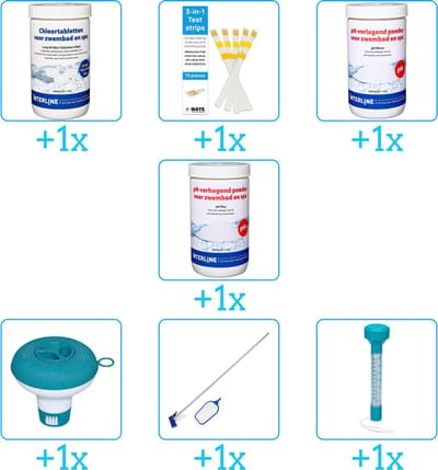 Zwembad Onderhoudspakket - Onderhoud Zwembad - bevat Chloor - Testrips - PH-min - PH-plus - Chloordrijver - Schoonmaakset en Thermometer (7-delig)