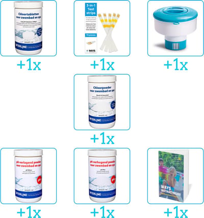 Zwembad Onderhoudspakket - Onderhoud Zwembad - bevat Chloor - Testrips - Chloordrijver - Chloor - PH-min - PH-plus en Zwembadgids (7-delig)