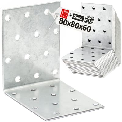 LUN FIX - Hoekverbinder + Gatplatenhoek 80x80x60x2 - 20 Stuk - Kleine Montagehoek - Houtverbinder - Corrosiebescherming - Gathoek