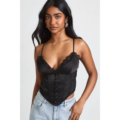 boohoo Dames Kanten Afgezet Corset Top Met Baleinstructuur | Zwart | Maat: 38