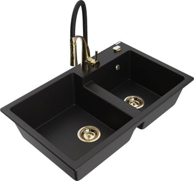 Mexen Tomas granieten spoelbak 2-kamers met keukenmengkraan Aster, zwart - 6516-77-73450-57-G