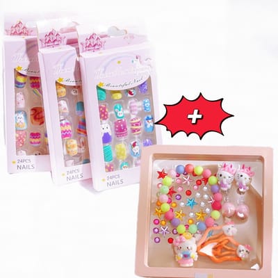 Nepnagels kinderen- Inclusief extra transparante nagelstickers -TOPModel nagelfolie-plaknagels-Tekenfilm-armband + ring + oorbellen + haarclip+Kristalstickers voor kinderen