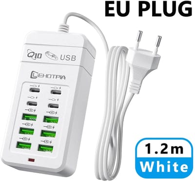 EU Plug Meerdere Snellader USB-Oplader met Verlengsnoer 6× USB-A & 4× USB-C 1,2 m - Wit