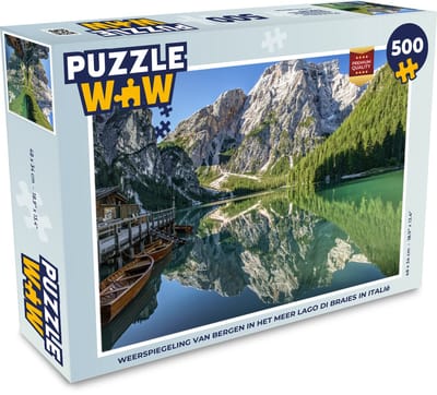 Puzzel Weerspiegeling van bergen in het meer Lago di Braies in Italië - Legpuzzel - Puzzel 500 stukjes