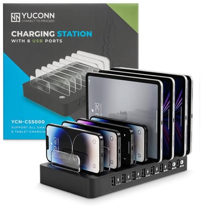 YUCONN Oplaadstation 8 poorten - Dockingstation voor telefoons - Familie Oplaadstation Smartphones/Tablets meerdere apparaten- USB Snellader - Charging Station USB-C en Lightning - Lader voor Thuis en Kantoor - Inclusief oplaadkabels - Zwart