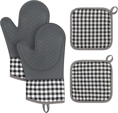 Ovenwanten - 4 set（ 2 ovenwanten + 2 hittebestendige pannenlappen）- Siliconen Ovenwanten - Hittebestendige - Waterdichte - antislip - Hittebestendig tot 300 °C - 29x18.5cm - universele pasvorm - voor bakken, barbecueën, koken en grillen - grijs