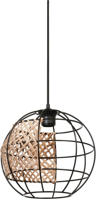 OSRAM Decor Cage Globe hanglamp in industriële stijl, zwart/bruin, kooibehuizing van metaal en rotan, E27 fitting, 300 mm diameter, eenvoudig te installeren, lamp niet inbegrepen