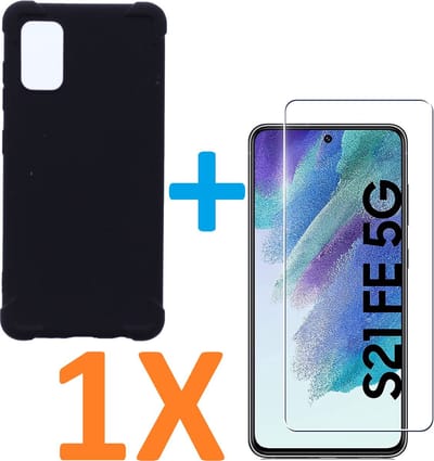 Anti-Shock silicone hoesje zwart met 1 Pack Tempered glas Screen Protector Geschikt voor:  Samsung Galaxy S21 FE