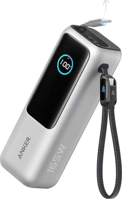 Anker Laptop Power Bank, 25.000mAh Draagbare Oplader met Drie 100W USB-C Poorten voor Meerdere Apparaten Opladen, Ingebouwde en Intrekbare Kabels- Silver