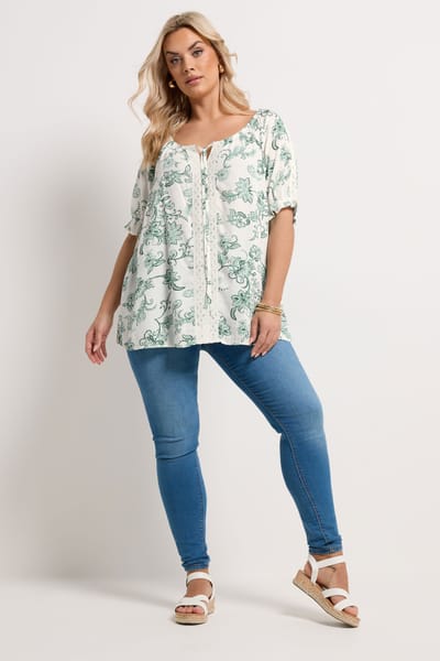 Yours Groene Gehaakte Top Met Bloemenprint Size 44