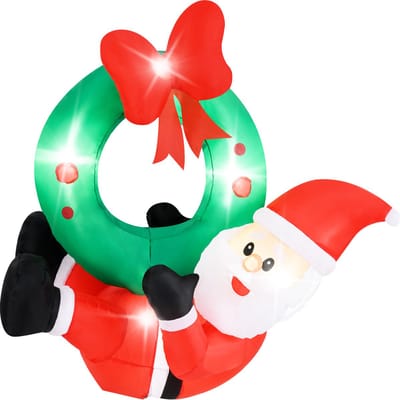 COSTWAY Opblaasbare kerstdecoratie, 120 cm, led-kerstman met krans, opblaasbare kerstman, kerstdecoratie, muur buiten