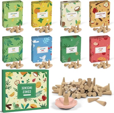 Natuurlijke Wierook Cones, 120 Stuks, 8 Geuren voor Meditatie, Yoga en Ontspanning, waaronder Kokosnoot en Vanille, Appeltaart en Cedarhout