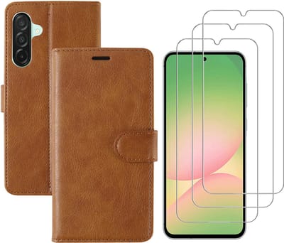 Hoesje geschikt voor Samsung Galaxy A56 bookcase Bruin - Met screenprotector tempered glass Galaxy A56 - 3x