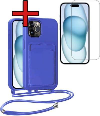 Hoesje Geschikt voor iPhone 14 Pro Hoesje Met Telefoonkoord en Pasjeshouder Met Screenprotector Siliconen - Hoes Geschikt voor iPhone 14 Pro Hoesje Met Kaarthouder Case - Felblauw