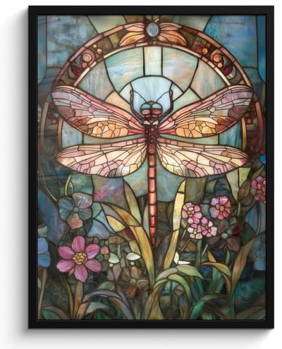 Poster in lijst - Fotolijst 50x70 cm - Posters - Libelle - Mozaïek - Bloemen - Kleurrijk - Posterlijst zwart - Decoratie - Wanddecoratie woonkamer - Muurdecoratie slaapkamer
