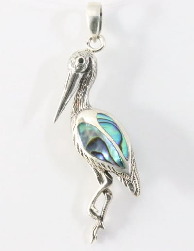Zilveren kraanvogel hanger met abalone schelp