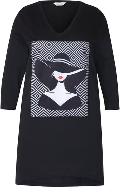 MIAMODA - Dames - T-shirt A-lijn fotomodelmotief puntzoom - Zwart - Maat 44