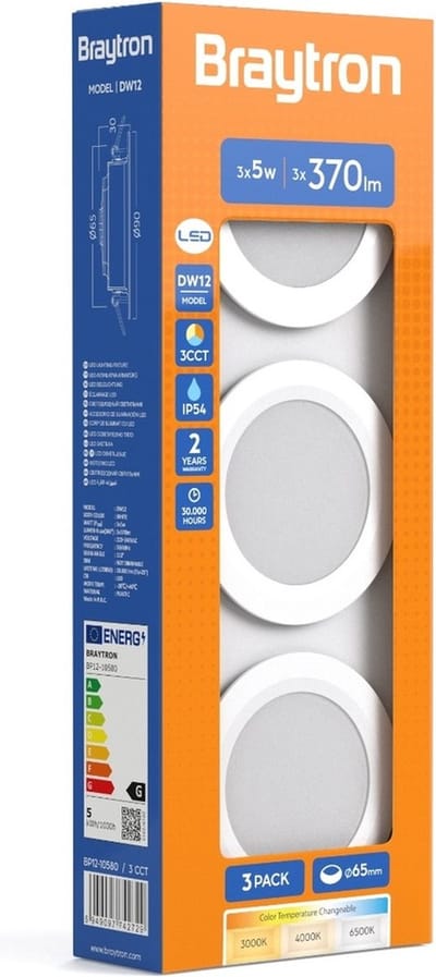 Braytron - LED inbouwlamp - 5W - Aanpasbare Kleur CCT - 370 Lumen - Rond - Mat Wit - Buiten Diameter 90 mm - Set van 3 inbouwlamp - IP54