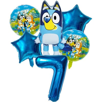 6 pièces Famille Bluey Ballon en Aluminium Dessin Animé Bingo Jouet d'Activité Ballon Étoile Bleu Doré Décor Collection Anniversaire Articles de Baby Shower As Picture