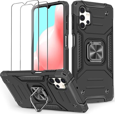 Hoesje Geschikt Voor Samsung Galaxy A32 5G Hoesje Heavy Duty Armor Hoesje Zwart - Galaxy A32 5G Case Kickstand Ring cover met Magnetisch Auto Mount- Hoesje Geschikt Voor Samsung Galaxy A32 screenprotector 2 pack