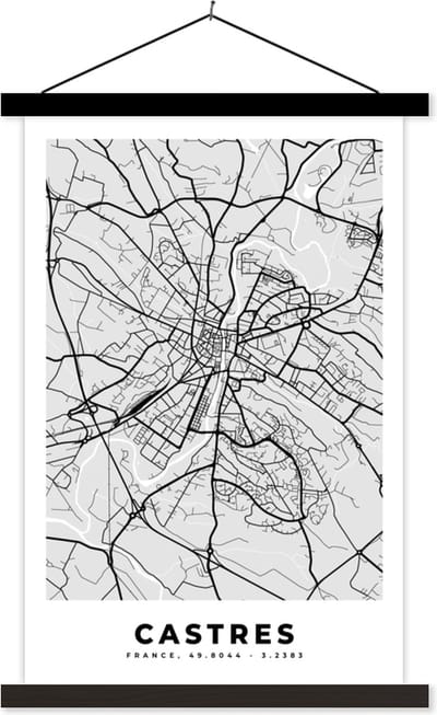 Posterhanger incl. Poster 40x60 cm - Schoolplaat - Kaart – Stadskaart – Frankrijk - Castres - Plattegrond - Textielposter - Zwarte latten - Stadskaart