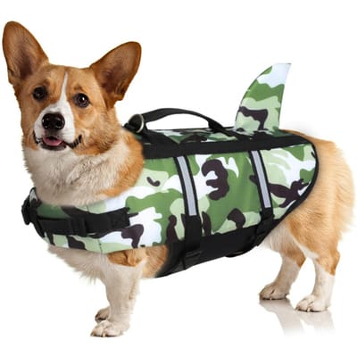 Huisdier Zwemvest Kleding Levensvest Verstelbaar Reflecterend Hoge Drijfkracht Camo Huisdier Zwempak Voor Honden Buiten Surfen Strand Gebruik (green,L) groen
