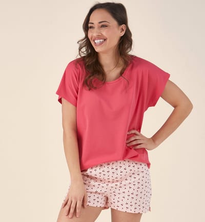 Little Label - dames pyjama kort - roze kersjes - XS / 34-36 - extra zachte bio-katoen
