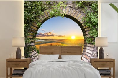 Behang - Fotobehang Platteland - Doorkijk - Zon - Breedte 220 cm x hoogte 220 cm