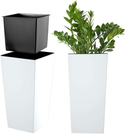 KADAX Bloempot, bloembak van kunststof, plantenbak voor bloemen, binnen en buiten, tuin, balkon, terras, huis, weerbestendig, imitatie rotan (36 cm hoog, mat wit)