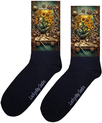 LuckyDay Socks - Kunstsokken van Gogh - Zonnebloem - Steampunk sokken - Tandwielen print - Verjaardag cadeau - Kunst sokken - Vrolijke sokken - Schilderij sokken - Grappige sokken - Leuke dames en heren sokken - Moederdag - Vaderdag - Onesize