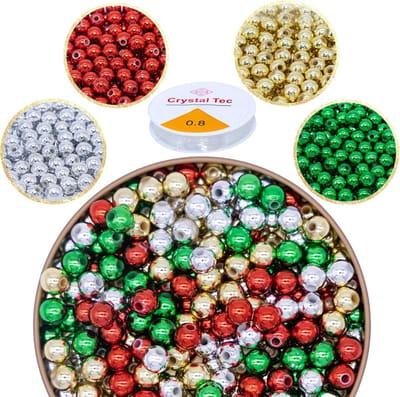 600 stuks kerstkralen, 8 mm metallic ronde ponykralen met elastisch koord, rood, groen, zilver, goud, kunststof, knutselkralen voor het maken van sieraden, ketting, armband, doe-het-zelf handwerk,