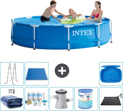 Intex Rond Frame Zwembad - 305 x 76 cm - Blauw - Inclusief Solarzeil - Onderhoudspakket - Zwembadfilterpomp - Filter - Solar Mat - Ladder - Voetenbad - Vloertegels - 9-delig