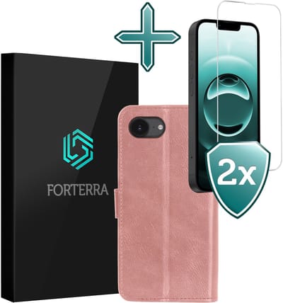 Hoesje Met 2x Screenprotector - Geschikt voor Apple iPhone 16e - Luxe Pasjeshouder - Flip Case - Bookcase Portemonee - Kunstleer Book Case - Flipcase Hoes - Book Cover - Walletcase - Portemonneehoes - Rosé goud