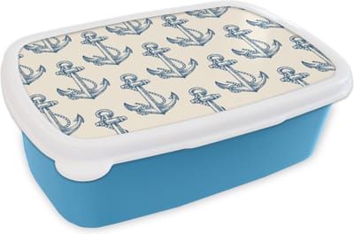 Broodtrommel Blauw - Lunchbox - Brooddoos - Vintage - Anker - Strand - Zee - Patronen - 18x12x6 cm - Kinderen - Jongen