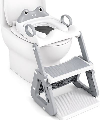 Toilettrainer met Trapje voor Kinderen - Opvouwbare WC Verkleiner met 7 Verstelbare Hoogtes 38-47 cm - Zachte PU Zitting, Handgrepen, Antislip Voetsteun en Spatrand - 3-in-1 Potjestrainer voor Zindelijkheidstraining - Grijs/Wit
