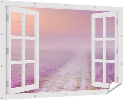 Gards Tuinposter Doorkijk Pad in de Weide tijdens de Mist - 180x120 cm - Tuindoek - Tuindecoratie - Wanddecoratie buiten - Tuinschilderij