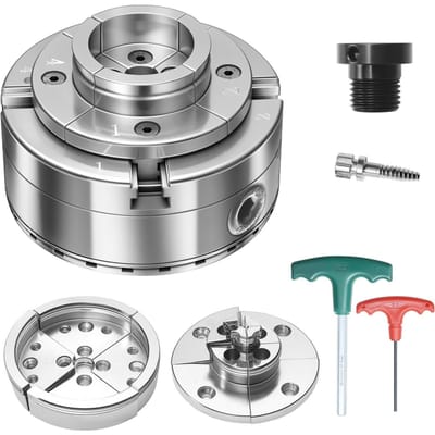 Mandrin pour Tour à Bois de 4 Pouces, 4 Mors, Mandrin Auto-Centrant pour Tournage sur Bois avec Filetage 1  x 8TPI & Adaptateur, Mors Rondes, Mors Étagés, Nickelé Épaissi,
