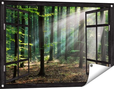 Gards Tuinposter Doorkijk Bos met Zon tussen de Bomen - 90x60 cm - Tuindoek - Tuindecoratie - Wanddecoratie buiten - Tuinschilderij
